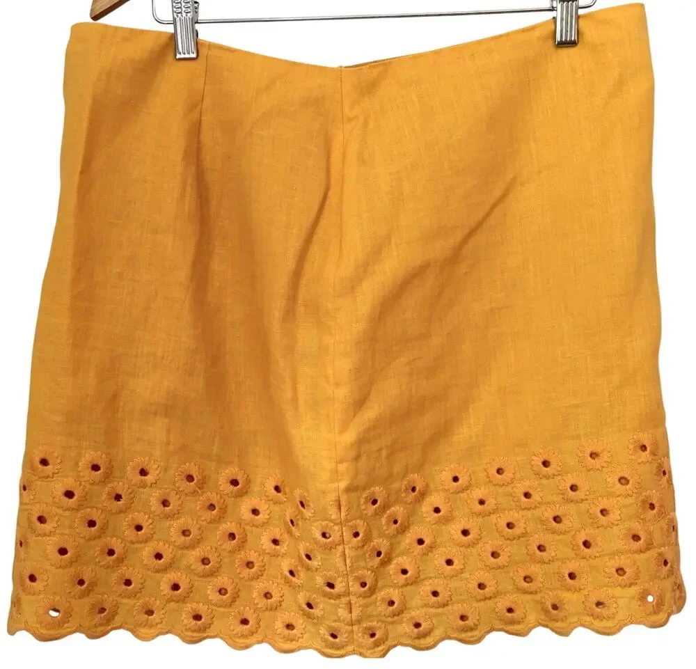 MICHAEL KORS Embroidered Floral Eyelet Linen‎ Skirt | Size 14 Yellow Lined Boho